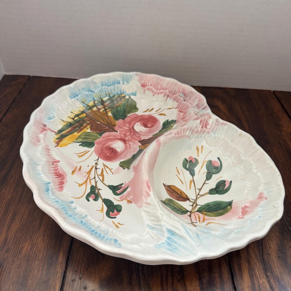Vintage Italian Hand-Painted Rose Floral Serving Dish Scalloped Ceramic Platter